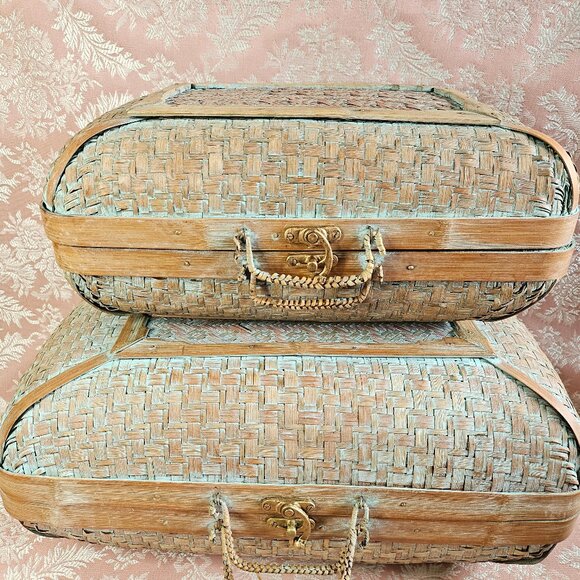 Vintage Pair of Vintage Woven Bamboo Wicker Suitcases - Picture 2 of 14